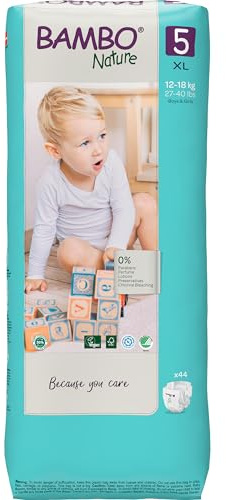 Bambo Nature Hypoallergenic Baby Diapers, Eco-Labeled Diapers, Enhanced Leakage Protection, Totally Chlorine-Free, Skin Friendly, and Super Absorbent - Size 5 (44 Count)