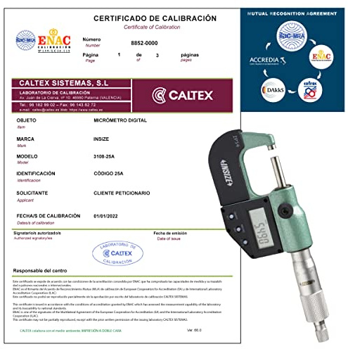 Micromètre d'extérieur étalonné INSIZE 3108-25A avec certificat d'étalonnage accrédité (accepté par le COFRAC)