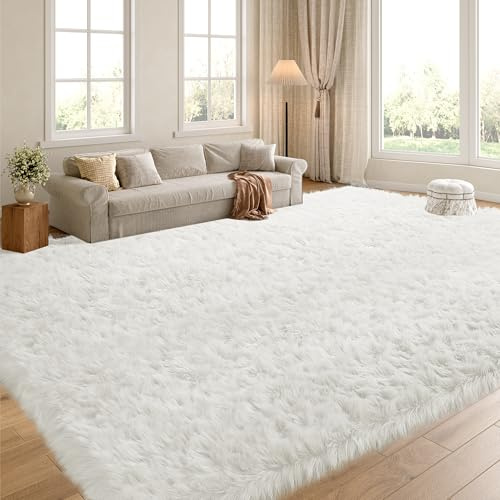 HOMBYS 10x10 Oversized Faux Fur Area Rug for Living Room Bedroom, Super Soft & Fluffy White Faux Sheepskin Play Carpet for Kids Children, Luxury Plush Furry Décor Shaggy Feet Mat for Bedside