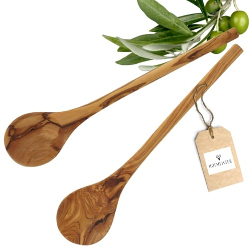 2x HOFMEISTER® Kochlöffel Olivenholz 30 cm – Holzlöffel schont beschichtete Töpfe und Pfannen – Unikat mit markanter Maserung, Handarbeit – rund