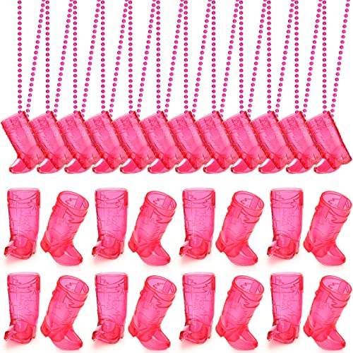 Sieral 24 Pcs Cowboy Boot Shot Glasses on Beaded Necklace, Pink | Mini Plastic Reusable Cowgirl Shot Boot Glasses Necklace Party Cups for Cowboy Cowgirl Bachelorette Carnival Western Birthday