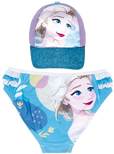 Bañador Frozen Disney Elsa para Playa o Piscina + Gorra Frozen para Niñas | Pack de Bañador Culetin y Gorra Disney Frozen (6 años, Azul)