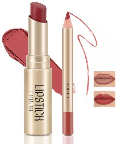 Boobeen 2 Pcs Lip Liner und Lippenstift Set, Ultra Long-Lasting Nackt Matt LipLiner Creme Lippenstift Wasserdicht Lippenfarbe