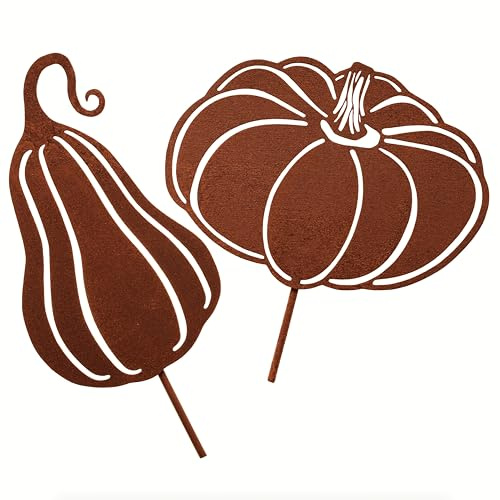 Deko Kind - Rostiges Kürbis 2er Set - Premium Edelrost Qualität - Wetterbeständig - Rost Gartenstecker - Metallkürbis - Wanddeko - Rost Deko - Kürbisdeko - Kürbis zum Stecken