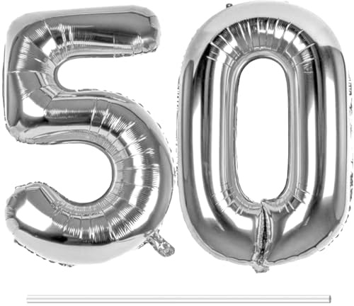 LAPONO Zahlen Luftballons 50 Silber, 2 Folienballons Zahlen 5+0, Helium Geeignet mit Aufblashalm, Selbstschließendes Ventil, Geburtstag Deko Party Foto für runden Geburtstag Jubiläum Tischdeko