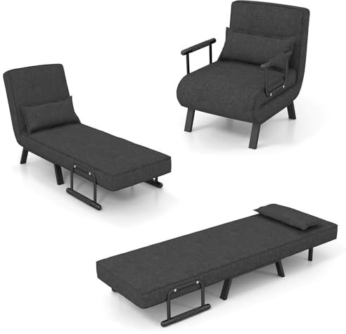 HOMASIS 4 in 1 Schlafsessel mit Bettfunktion, klappbares Schlafsofa mit Armlehnen, Klappsessel mit Verstellbarer Rückenlehne & abnehmbarem Kissen, Bettsessel Sofabett bis 150kg belastbar (Dunkelgrau)