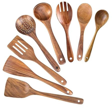 Satyam Kitchen 8-Piece Luxury Wooden Utensils Set - Non-Stick Cooking Tools with Spatula, Slotted Spatula, Angled Turner, Serving Spoon, and Mixing Spoon - Best for All Cooking Needs