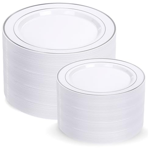 I00000 200 Pcs Silver Plastic Plates - Silver Disposable Party Plates Include 100 Dinner Plate and 100 Elegant Dessert Plate Perfect for Party, Holiday, Wedding & Birthday