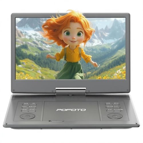 POFOTO 15.7 Portable DVD Player with 14.1 HD Swivel Screen, 6-Hour Rechargeable Battery, Dual Speakers, USB/SD/TV Sync, Supports Multiple Disc Formats, Black [Not Support Blu-Ray]