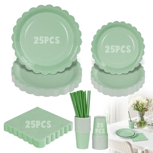 Otauoaea 125 Piezas Verde Hierba Vajilla Fiesta Cumpleaños, 25 invitados Cumpleaños Vajilla de Fiesta, Platos y Vaso Cumpleaños Infantil Set de Party Decoración Platos Eegantes para Navidad,Verde