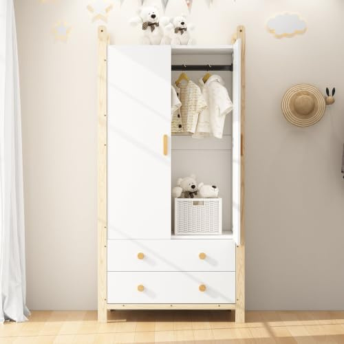 Merax Armario de 2 puertas con barra y cajones – Armario blanco de madera aglomerada con marco de pino, 90 × 45 × 180 cm, para dormitorio, habitación de los niños o pasillo