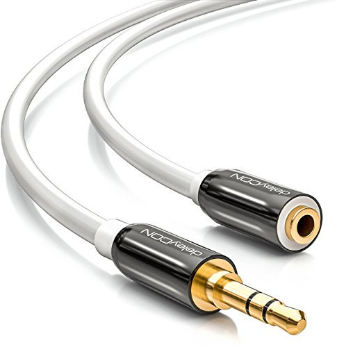 deleyCON 5m Cable de Extensión de Audio Estéreo - Jack de 3,5mm para Enchufe de 3,5mm - Cable AUX Enchufe de Metal - Blanco