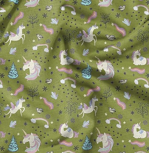 Soimoi Grun Baumwoll-Voile Stoff Einhorn & Regenbogen Natur Dekor Stoff gedruckt 1 Meter 42 Zoll breit