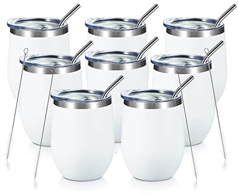 COMOOO Tumbler Wine Bulk with Lid and Straw 12oz Double Wall Vacuum Insulated Travel Tumbler Cup for Hot and Fred Drinks, Caffè, Wine, Cocktails (White, 8 Pack)