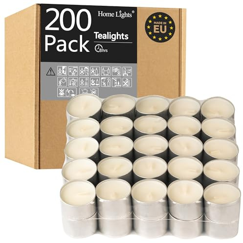 HomeLights Tealight Candles - 8 Hour Long time Burning, Giant 100,200,300 Packs -White Votive Smokeless European Tea Light Unscented Candles for Shabbat, Weddings, Christmas,Home Decorative -200 Pack