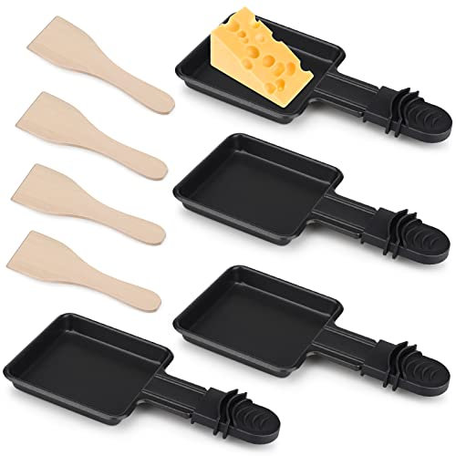 Raclette Poêlons 4 Pièces Revêtement Antiadhésif Mini Raclette Set avec 4 Pelle en bois Portable Plateau de cuisson pour Fromage Fondu Oeuf Frit Carré