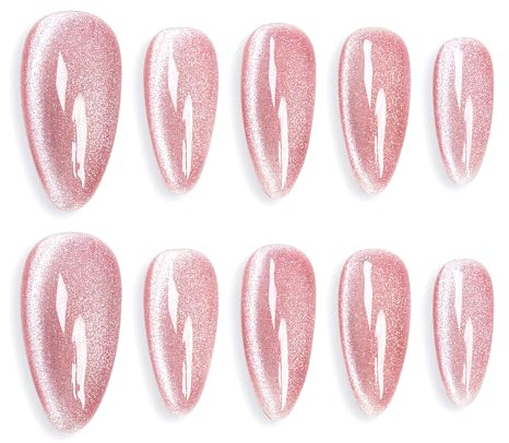 Sun&Beam Nails Handmade Press-on Medium Long Almond Fuchsia Pink Cat Eye Design Charming False Nail Tips 10 Pcs (#124 XS)