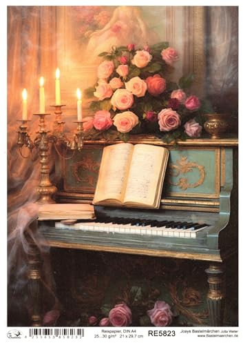 Josys Bastelmärchen Reispapier A4 Strohseide Weihnachten Vintage Rosen Kerzen altes Klavier RE5823