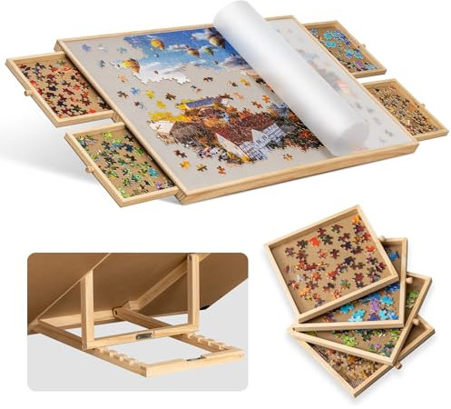 Becko US 1000-Pc Tilting Jigsaw Puzzle Board with 4 Colorful Drawers & Cover, Adjustable Puzzle Table with Built-in Easel/Stand, Portable Tables with Storage for Adults, with Premium Flannel Tabletop