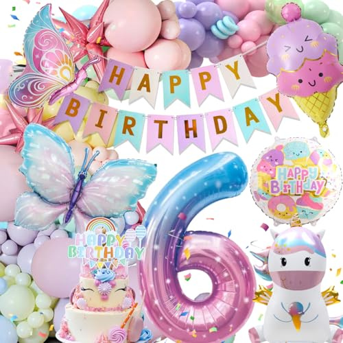 6 Jahre Geburtstagsdeko Deko Luftballons, Einhorn Deko, 6 Jahre Happy Birthday Deko, Einhorn Schmetterling Folienballon Geburtstag Deko