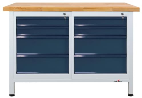 Steinbock Werkbank 8 Schubladen | 120x84x60 cm | 300 kg | Grau | 300 kg Tragkraft | 4 cm geölte Massivholz-Arbeitsplatte aus Buche | stabiles Stahlgestell | Werktisch | Made in EU