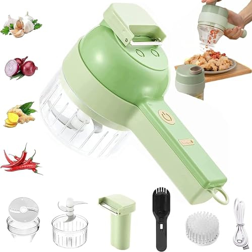 EUROXANTY-Molinillo eléctrico inalámbrico multifunción–Juego de cortador de verduras eléctrico de mano 4 en 1, procesador de alimentos inalámbrico para ajo, pimienta, chile, cebolla, apio