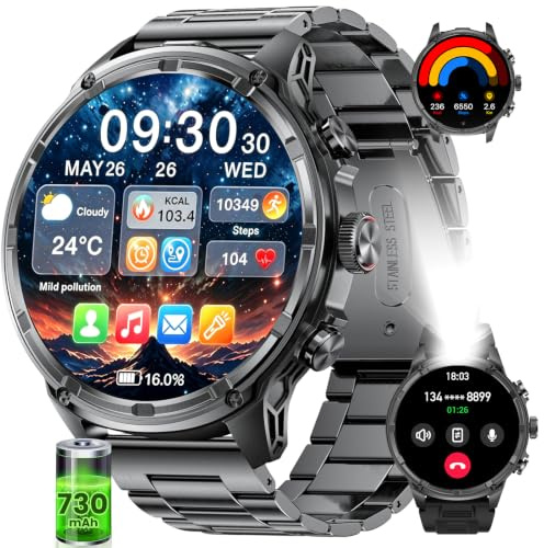 Smartwatch Herren,1.85‘’ HD Großes Display/710 mAh Akku Sportuhr Herren mit Taschenlampe/120+ Sportmodi,5ATM Wasserdicht Fitnessuhr mit Herzfrequenz,Schlafmonitor für Android iOS Metallarmband
