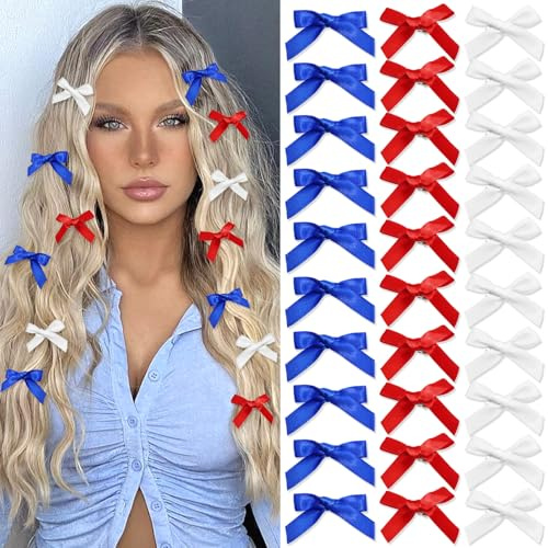 SAWINDA 30Pcs Red White Blue Hair Bows 4 of July Mini Cheer Bow Hair Clips Small Bows for Hair Cute Silk Satin Halloween Bowknot Hair Barrettes Patriotic Hair Ribbons Accessories for Women Girls