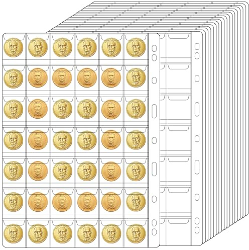 840 Pockets Coin Pages, 20 Sheets Pocket Inserts Collecting Sleeves for Coin, Coin Collection Storage Supplies, Coin Collection Pocket Pages for Penny, Nickel, Dime, Cent, Quarter (42 Pockets)