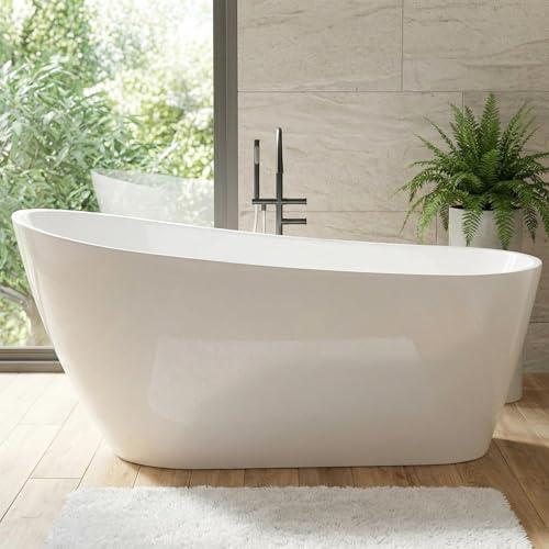 GarveeLife 59 Inch Freestanding Bathtub, Deep Soaking Acrylic Tub, Modern Standalone Soaker with Polished Chrome Overflow and Pop-Up Drain, Glossy White Finish for Bathroom Remodel