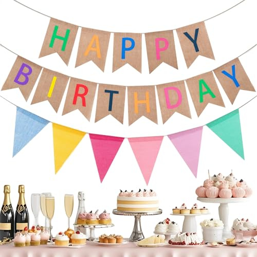 Rainway 4 guirnaldas de feliz cumpleaños, guirnalda de tela de lino de alta calidad, guirnalda de banderines de cumpleaños, decoración elegante para fiestas de cumpleaños, fiestas y ocasiones festivas