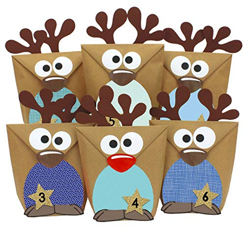 Papierdrachen Adventskalender 2025 zum Befüllen - 24 Rentiere aus Kraftpapier - türkis-blau - inkl. Zubehör - DIY Set zum Basteln & Gestalten