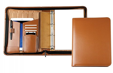 DELMON VARONE - Personalisierbare Tablet & Smartphone Schreibmappe DIN A4 XXL Cambridge Top Grain Leder braun, Businessmappe inkl. Ringbuch, Notizblock, Stiftschlaufe, Steckfächer & Reißverschluss