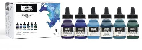 Liquitex 3699375 flüssige Professional Acrylfarben - Ink, Tusche im Set, hochpigmentierte Airbrushfarbe,Wassertöne 6 Farben a 30ml