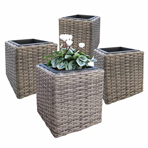 HABAU Pflanztopf Rio im 4er Set - aus Polyethylen-Geflecht mit Metallrahmen, je 21 x 21 x 25 cm