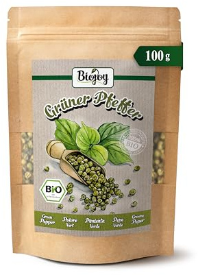 Biojoy EKO Grönpeppar hel, pepparkorn för kvarn, 100 g | Gröna pepparbär från Sri Lanka, torkade, Piper nigrum L., Schinus terebinthifolia L.