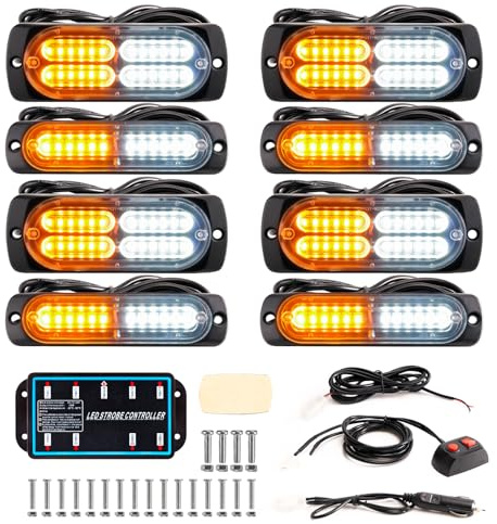 BooYu 8-pcs Sync Feature LED Emergency Strobe Lights Ultra Slim Grille Surface Mount Flashing Warning Hazard Light Bar w/Controller for Construction, Firefighter, Trucks, Vehicles, Car (Amber/White)