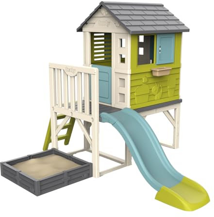 Smoby - Maison Pilotis Square - Cabane de Jardin Enfant - Toboggan + Echelle - Bac à Sable/Carré Potager - 810801
