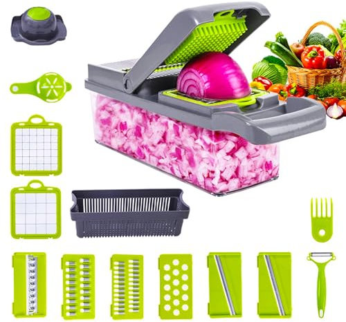 Vegetable Chopper Slicer Dicer 14-in-1 Fruits Cutter Mandoline Slicer Food Chopper/Cutter with 8 Stainless Steel Blades, Adjustable & Dicer with Storage Container Grey