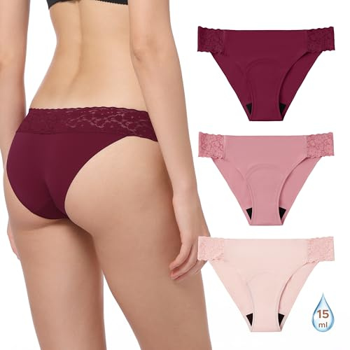 OEIOEI Period Pants for Women Light Flow Menstrual Knickers Low Rise Lace Hipster Panties 3 Pack (S, Burgundy/Pink/Pale Pink)