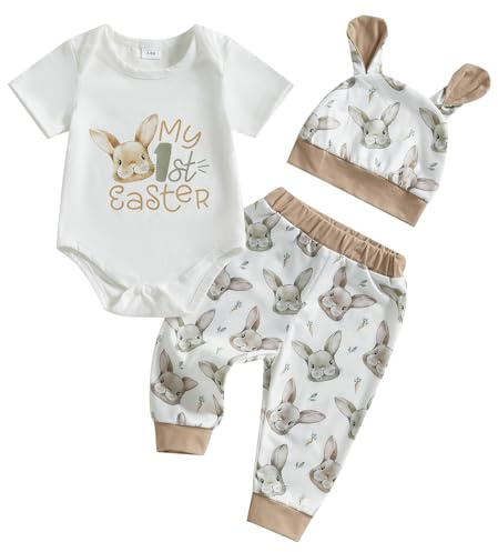 Nicoxijia Newborn Baby Boy Bunny Easter Outfit Carrot Print Short Sleeve Romper Long Pants Hat Infant My First Easter Clothes (Khaki, 9-12 Months)