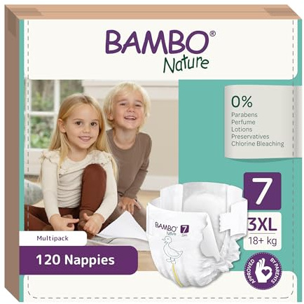 Bambo Nature Pannolini taglia 7 (18+kg), confezione da 120 pannolini usa e getta, ecologici con maggiore protezione dalle perdite, sicuro pannolino per bambini, delicato sulla pelle per il massimo