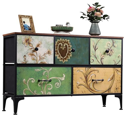 WLIVE 5 Drawer Chest of Drawers, Storage Unit for Bedroom, Retro Print