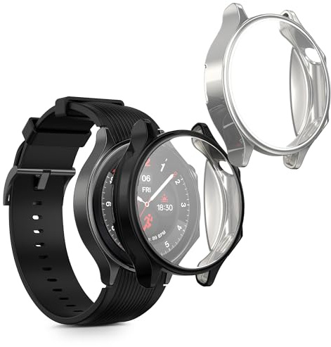 kwmobile 2X Silikon Hülle für OnePlus Watch 2 / Oppo Watch X Schutzhülle - Fullbody Display Cover Set aus Silikon - Schwarz Silber