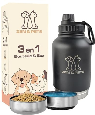 Gourde Chien Chat pour balades Vacances, Bouteille d'eau Chiens et Chats Voyage, Isotherme Acier Noir, gamelle pour Aliments, 3 Compartiments