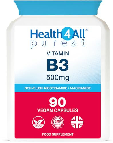Health4All Vitamin B3 Niacin as Nicotinamide (Niacinamide) 500mg 90 Capsules, Purest, No Additives, Vegan, Gluten Free No-Flush Niacin Vitamin B3 Capsules | Made in UK