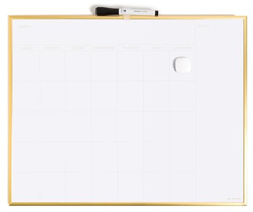 U Brands Magnetic Dry Erase Monthly Calendar Whiteboard 16 x 20, Gold Aluminum Frame, Wall Mounted Planner for Office, Home, and Classroom, Includes Marker and Magnet