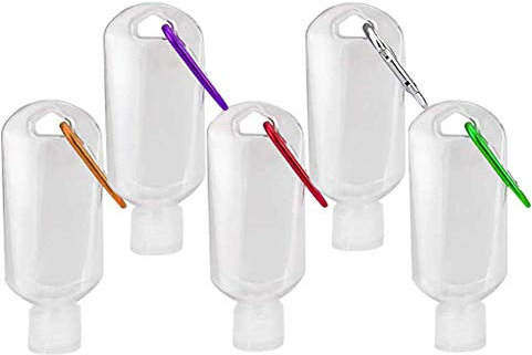 VerteLife 5PCS 50ml Refillable Travel Bottle with Keychain Clip, Flip Cap Clear Plastic Empty Bottles Travel Hand Sanitizer Containers Squeeze Container for Cosmetic Toiletries Liquids (5 Colors)