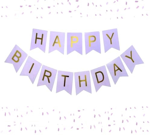 Quirki Happy Birthday Banner Lila Lila Pastell Wimpelkette Mädchen Frauen mit schimmernden Goldfolie Buchstaben Party Dekorationen