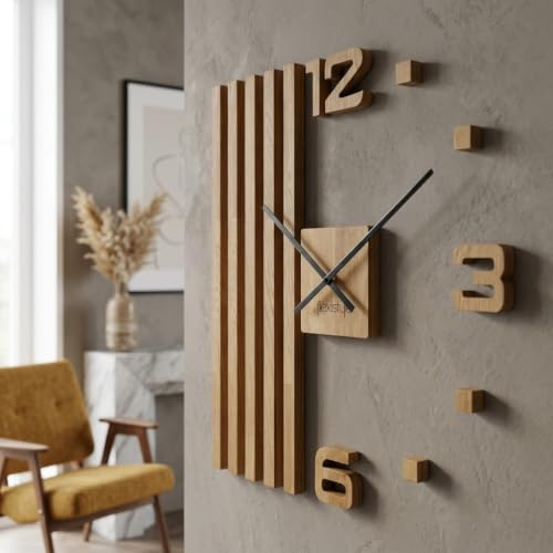 3D-väggklockor gör-det-själv trä ek lameller stora 60 cm 3D-väggklocka modern design eko väggtatuering dekoration klockor för kontor vardagsrum sovrum dekorativa artiklar kvartsklocka (svarta visare)